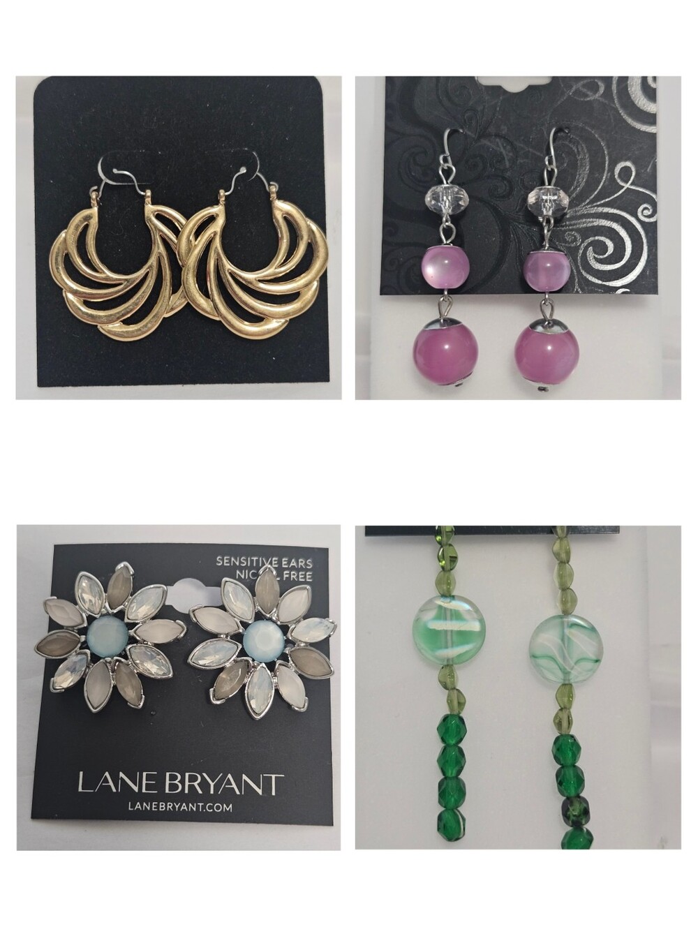 NWT Earring Lot of 4: Lane Bryant Floral, GNW Pink Beaded, Gold Hoops & Green Dr